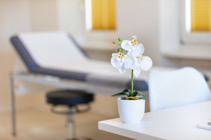 A white flower in a pot on a white table.