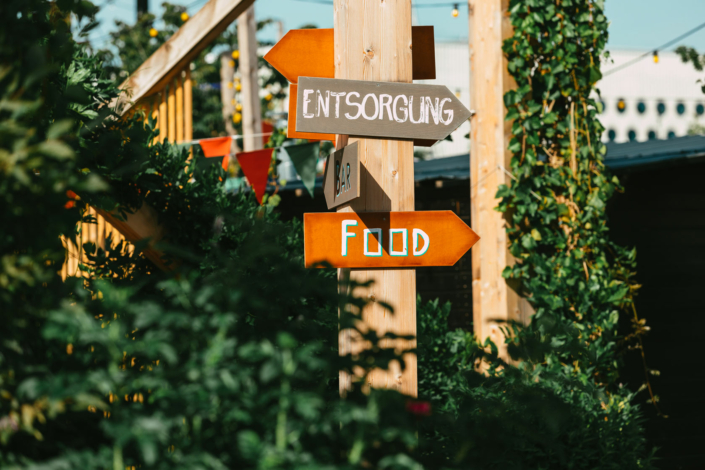 A wooden sign with arrows pointing in different directions.